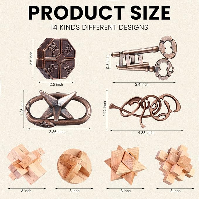 Syhood 14 Pcs Brain Teaser for Adults Metal Puzzles 3D Steel Puzzle for Adults Mind Puzzle Games Wooden Unlock Interlocking Puzzle Adult IQ Education Puzzle Toys Smart Toy (Novelty)