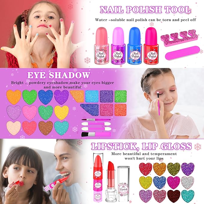 Kids Makeup Kit for Girl, 66 Pcs Washable Makeup Set for Little Girls, Real Cosmetic Set Pretend Play Makeup Toy Beauty Set Christmas & Birthday Gift Age 3 4 5 6 7 8 9+ Year Old Kids Toddler Toys