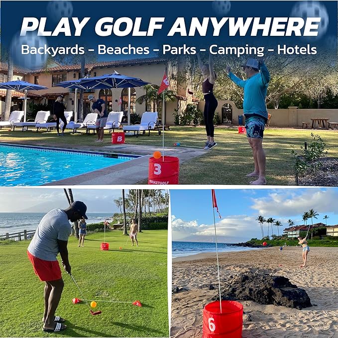 bucketgolf Game 9 Hole Bundle with Clubs - Outdoor Golf Game for All Ages Adults, Kids, Family. Play Golf Anywhere Yards, Beach, Park, Backyard Game. (2 Clubs (2 RH))