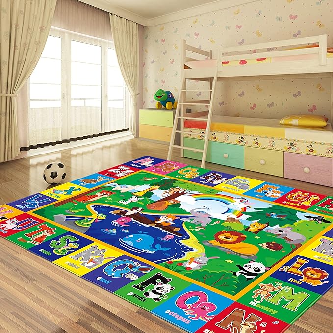 Kids Play Rug - Animals Print Baby Floor Mat, ABC Educational Area Rug for Nursery & Playroom, Soft Non-Toxic Crawling Tummy Time Mat (Green, 78.7X59 INCH)