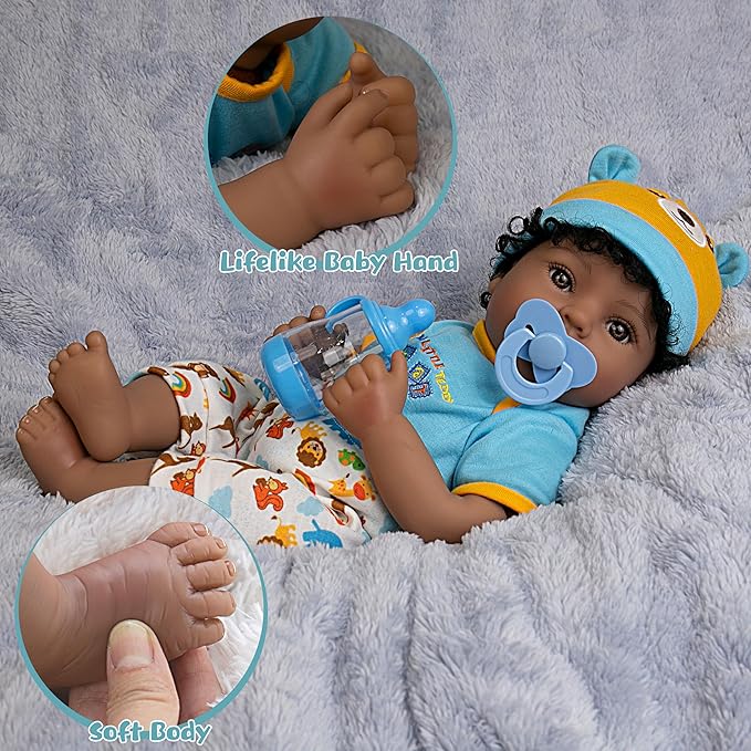 Lifelike Reborn Baby Doll 18-Inch American African Baby Boy Newborn Baby Doll Soft Cloth Body Real Life Baby Dolls for Kids 3+, Complete with Clothes and Toy Accessories