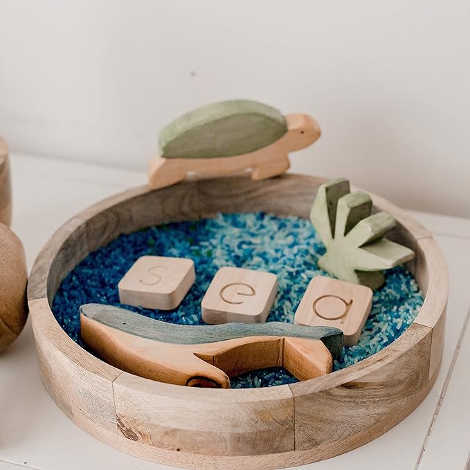 Wooden Funnel & Sensory Play Set – Montessori Pouring, Scooping & Grinding Kit for Loose Parts & Water Play, Natural Mango Wood