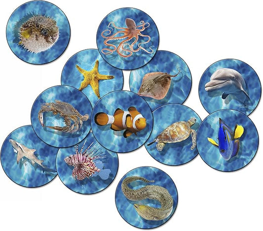 Flagship Carpets Into The Sea Educational Area Rug for Classroom, Home Learning, Playroom Mat, or Kids Room Carpet, Set of 12, 16" x 16", Multicolor