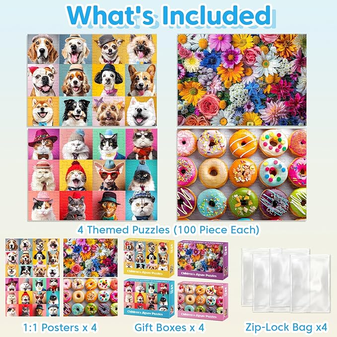 100 Piece Puzzles for Kids Ages 4-8 - Dogs Flowers Donuts Cats Puzzles - Large Puzzles for Senior Jigsaw Puzzle for Kids Ages 4-6 6-8 8-10 Year Old Educational Puzzles Toys 4-Pack 15"x11"