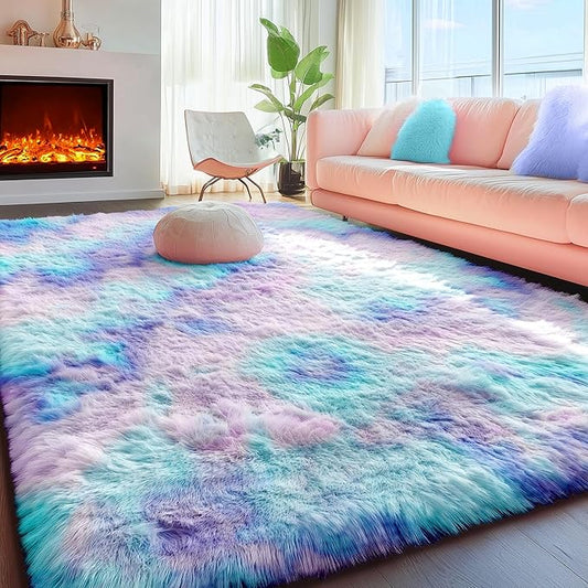 PAGISOFE 8x10 Area Rug, Cute Kawaii Purple Rainbow Rug for Girls Bedroom, Soft Fluffy Shag Rug for Girls Room, Baby, Kids Playroom, Nursery, Classroom, Plush Furry Mermaid Rug, Fuzzy Pastel Carpet