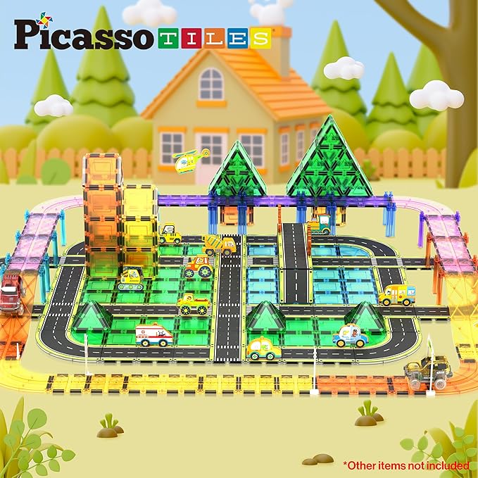 PicassoTiles Magnet Tile Car Track Adventure Theme Printed Street Road Runway Speedway Highway Magnetic Building Tiles Block Construction Pretend Play Playset STEM Education Learning Kit Kids 3+ PTE16
