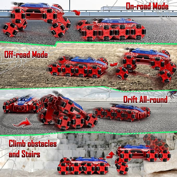 Spider Remote Control Cars Toys, 8WD Off Road Stunt Car with Gesture Sensing, Drift RC Car with LED Light, Music and Spray, Toys Gifts for 6 7 8-12 Years Old Boys Girls (Red)