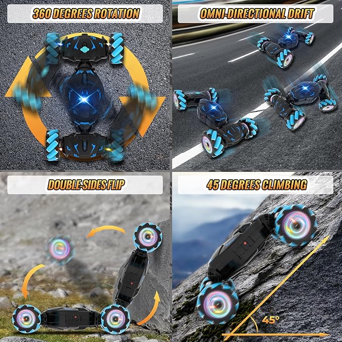 Pristar RC Cars Gesture Sensing Stunt Car, Best Gifts for Boys 6-12, 2.4Ghz Remote Control Car Toys for Boys Age 6 7 8 9 10 11 12, Double Sided Flip 360° Rotate 4WD Off-Road with Spray Lights Music