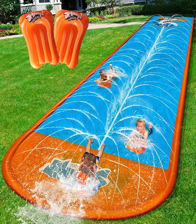 Slip Water Slide, 22ftx5ft Slip Water Slide for Kids Backyard Lawn,Summer Water Toys Outdoor Sprinkler with 2 Sliding Racing Lanes and 2 Inflatable Bodyboards