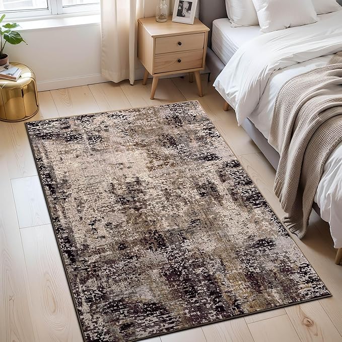 Entryway Rug 3x5 Brown Bedroom Area Rug Washable Non Slip Abstract Coffee Boho Rugs for Indoor Entry, Kitchen, Classroom, Bathroom, Kids Girls Room, Office, College Dorm Small Carpet