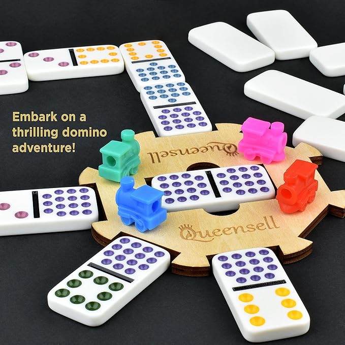 Queensell Mexican Train Dominoes Set Double 15, Dominoes Set for Adults and Family, Mexican Train Double 15 Dominoes Set Colored Dot - 136 Tiles, 9 Trains, Wooden Hub, Aluminum Case (Double 15)