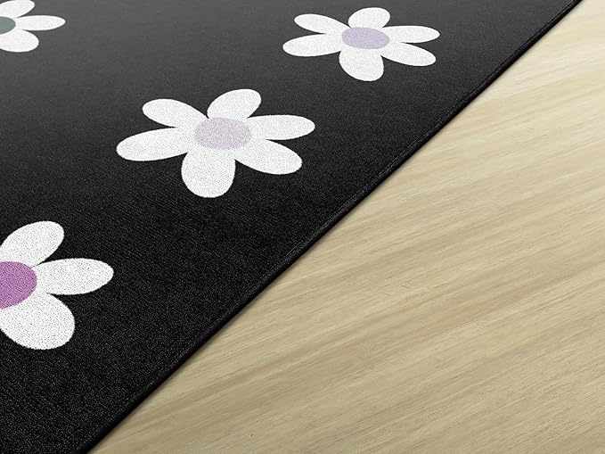 Flagship Carpets Schoolgirl Style Daisies on Black Criss-Cross Applesauce Educational Area Rug for Kids Room, Children's Classroom, Play Carpet for Teaching and Playroom, 7'6" x 12', Seats 32