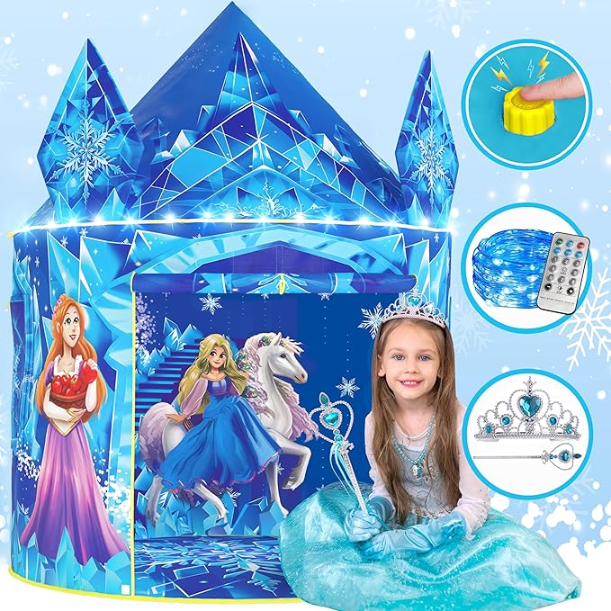 W&O Frozen Princess Tent for Girls with Magical Sound Button, LED Lights, Crown & Wand – Indoor & Outdoor Frozen Tent for Girls Ages 3-7