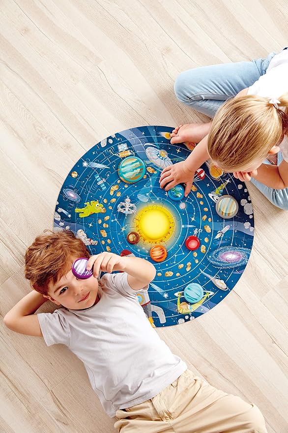 Hape Solar System Puzzle | Round Solar System Puzzle Toy for Kids, Solid Wood Pieces and A Glowing LED Sun