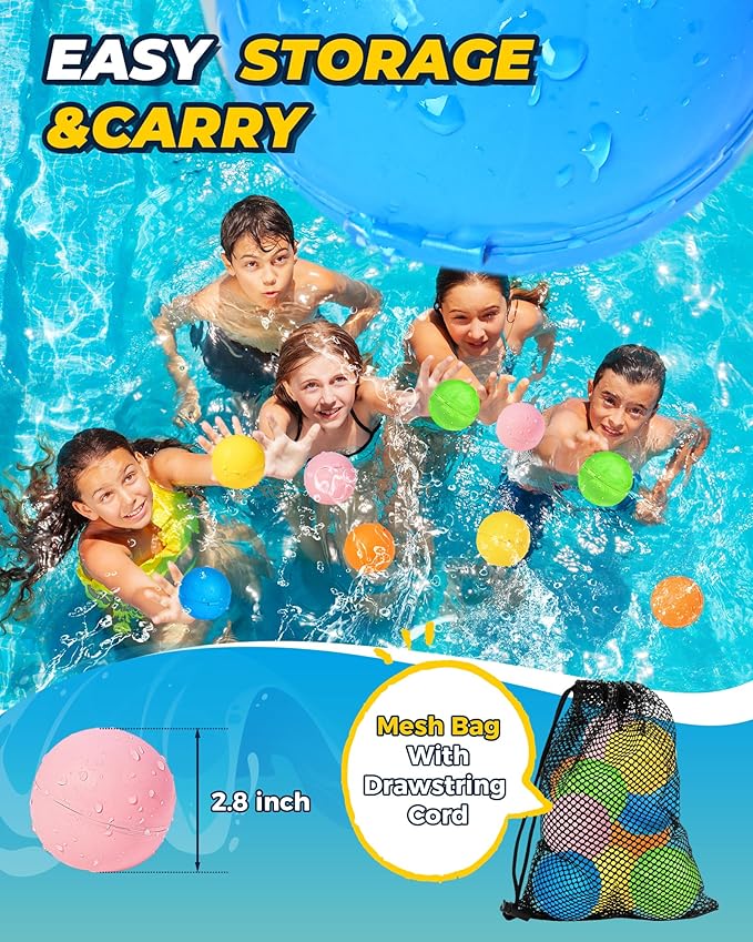 SOPPYCID Water Balloons Reusable Quick Fill - Self Sealing Silicone Water Balls for Kids with Mesh Bag, Outdoor Summer Fun Water Toys for Outdoor Activities, Summer Party, Water Park, Family Game