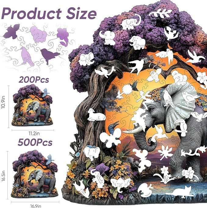 Wooden Puzzles for Adults, Elephant Jigsaw Puzzles 200 Pieces, Unique Shaped Puzzle for Adults and Kids, Christmas Birthday Gift Family Game 11 x 11.2 Inch