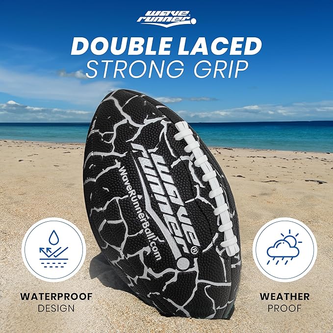 Wave Runner Grip It Waterproof Junior Size Football, 9.25 Size, Durable & Double Laced, Perfect for Beach Accessories, Kids Games, Pool Toys, Outdoor Games, All-Weather Indoor & Outdoor Play