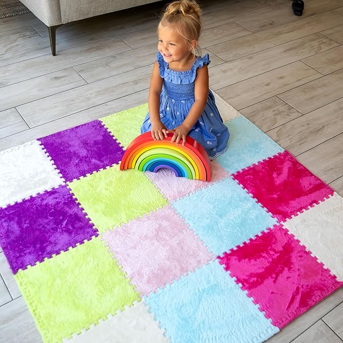 16 Piece Carpet Squares Puzzle Mat 49" x 49" Plush Interlocking Carpet Tiles, Foam Floor Tiles for Baby Play Mat - Kids Soft Play Mats Anti Slip Jigsaw Flooring Playmat Playroom Rug (Multi-Color)