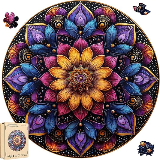 Wooden Puzzles for Adults, Mandala Jigsaw Puzzles 200 Piece, Unique Shapes Family Reunion Puzzle, Exquisite Packaging, Best Gift for Adults and Kids, Family Game, 11.2x11.2 in