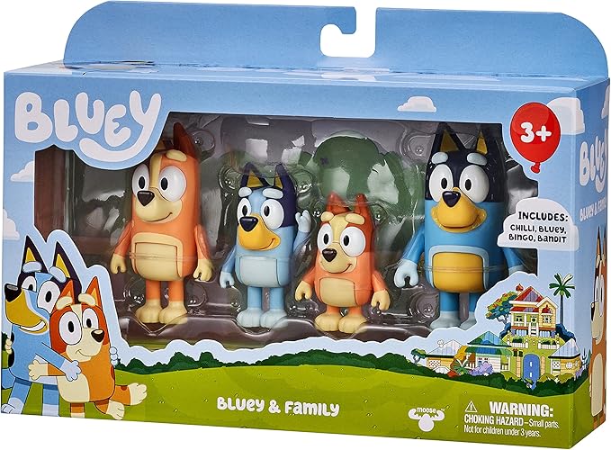 Bluey Family Figure 4-Pack – Includes Bluey, Bingo, Mum (Chilli) & Dad (Bandit), Poseable Collectible Toys for Kids, Durable Cake Toppers, for Toddlers & Fans, Ages 3+