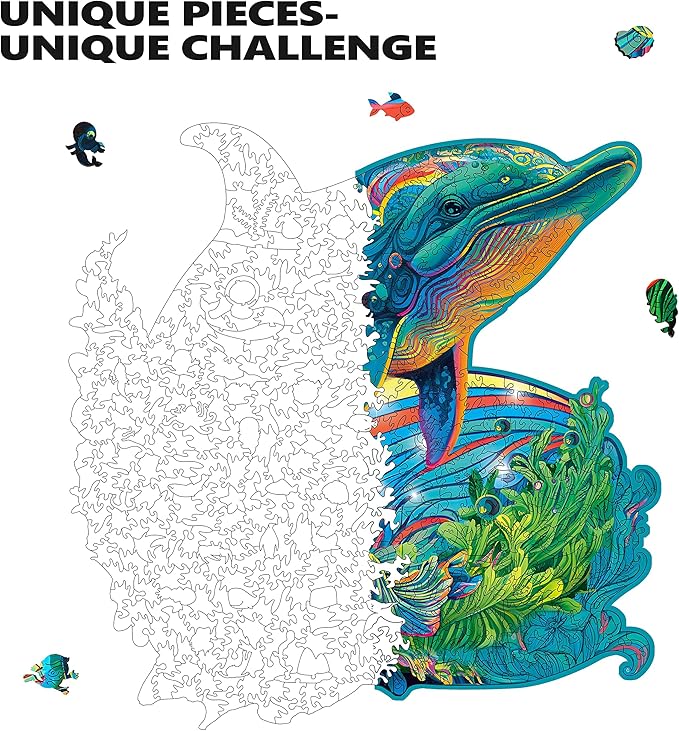Wooden Puzzles, Dolphin Jigsaw Puzzles 200 Pieces, Unique Shaped Wooden Puzzles for Adults and Kids, Family Game 11.4x11 Inch