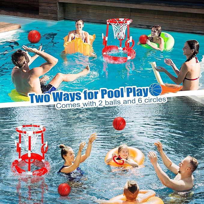 GMAOPHY Pool Basketball Hoop, 2-in-1 Poolside Floating Pool Basketball Game, Swimming Pool Games for Kids Adults Indoor Outdoor Play, Water Play Toy Family Party, Includes Hoop, Balls, Pump, Red