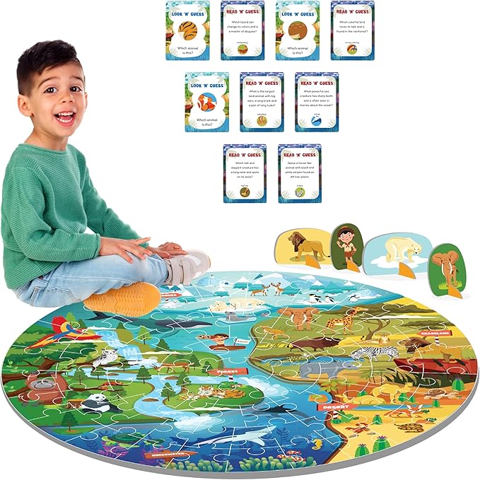 Jumbo 70 Piece Round Floor Puzzles for Kids Ages 3-5, 6-8, Large Jigsaw Puzzle with Educational Flash Cards and 3D Figures | Educational Gift (Animal Safari)