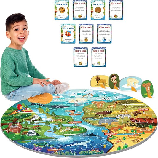Jumbo 70 Piece Round Floor Puzzles for Kids Ages 3-5, 6-8, Large Jigsaw Puzzle with Educational Flash Cards and 3D Figures | Educational Gift (Animal Safari)