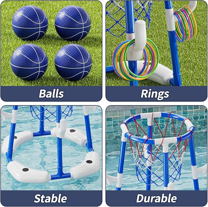 2 in 1 Pool Basketball Hoop Game for Kids Ages 3 4 5 6 7 Year Old, Floating Pool Toys with 4 Balls, Tossing Game, Summer Outdoor Swimming Water Play, Cool Party Gifts for Kids Adults Age 3-12