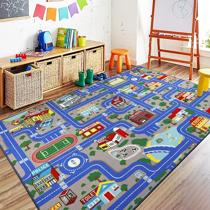 Capslpad Blue Car Road Kid Rug Carpet Playmat for Playoom Traffic Road Kids Play Mat for Toddler Non Slip Washable City Map Race Track Carpet Rug for Kids Room Bedroom Nursery Room Decor,5'x 6'6"