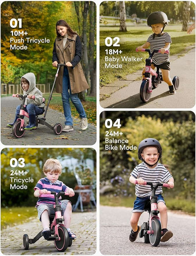 besrey 5 in 1 Toddler Bike, Toddler Tricycle for 1-3 Year Old, Trike with Push Handle, Backrest and Safety Belt, Birthday Gifts and Toys for Boys and Girls, Balance Bike