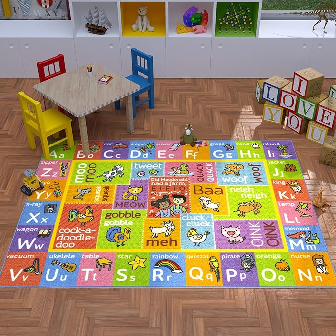 KC Cubs ABC Alphabet Animal Sounds Educational Learning & Fun Game Play Area Non Slip Boy & Girl Kids Rug Carpet for Children Bedroom, Toddler Classroom & Baby Playroom Floor Mat, Playtime Activity
