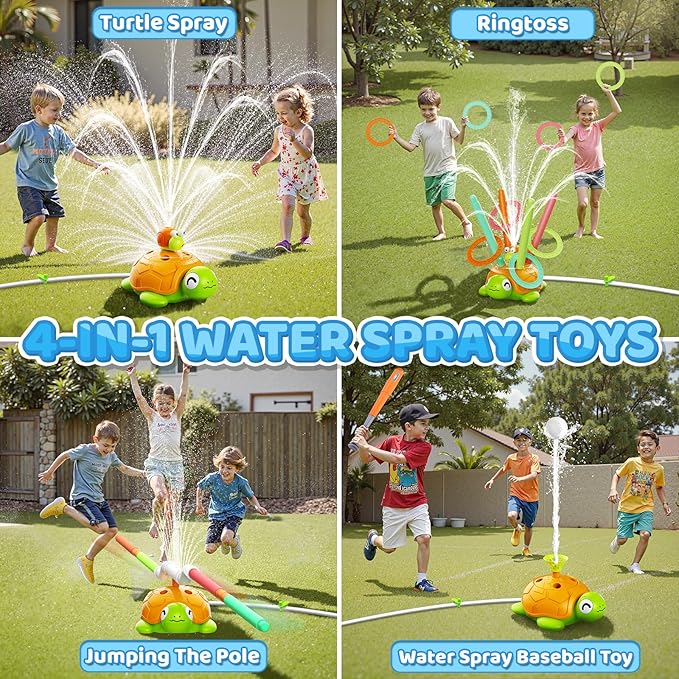 4-in-1 Turtle Water Sprinkler Toys for Kids - Summer Oudoor Toy with Baseball Ringtoss Tubes - Outside Yard Lawn Backyard Park Garden Pool Games for Age 3 4 5 6 7 8 Year Old Toddlers Boys Girls Gifts
