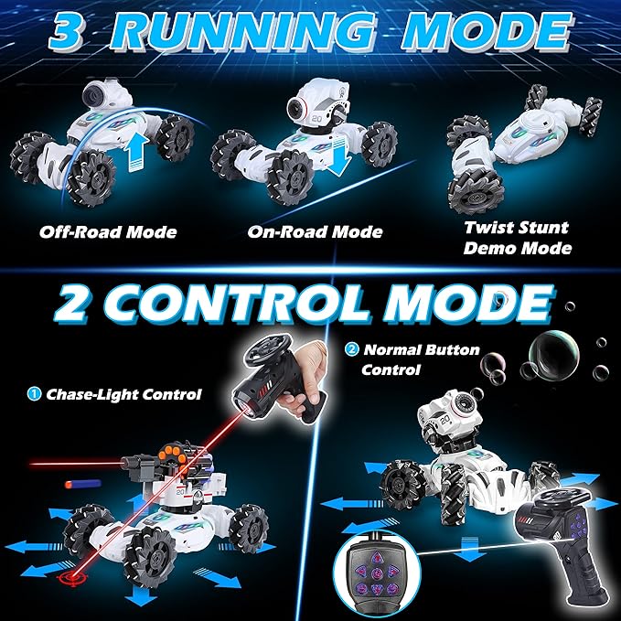 4 Head RC Tank Cars That Shoots Nerf Bullets, Bubble, Spray, Nerf Tank Remote Control Car for Boys 6 7 8 9 10 11 12 Year Old, RC Stunt Car Chase Light Control, LED Light, Music, Kids Toy Gift