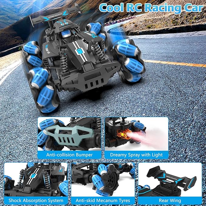 Eulogia Remote Control Car, 2.4GHz All-Terrain RC Stunt Truck with 360° Rotation, Sideway Drifting, One-Key Demo, Spray with Light. Best Car Toy for Boys Girls Kids Ages 4-12, Birthday Gift(Blue)