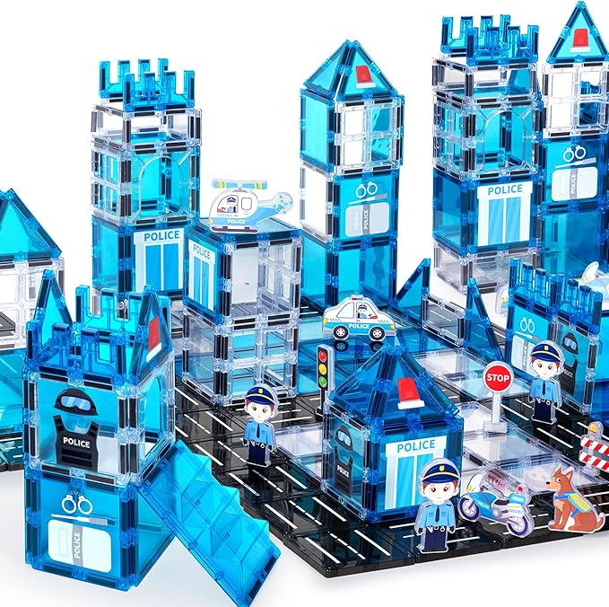 cossy Magnetic Tiles Police Set, Magnetiles with Policeman, Magnetic Tiles for Kids Ages 4-8, STEM Toys, Magnet Blocks for Boys and Girls, Creative Building Toys, Police