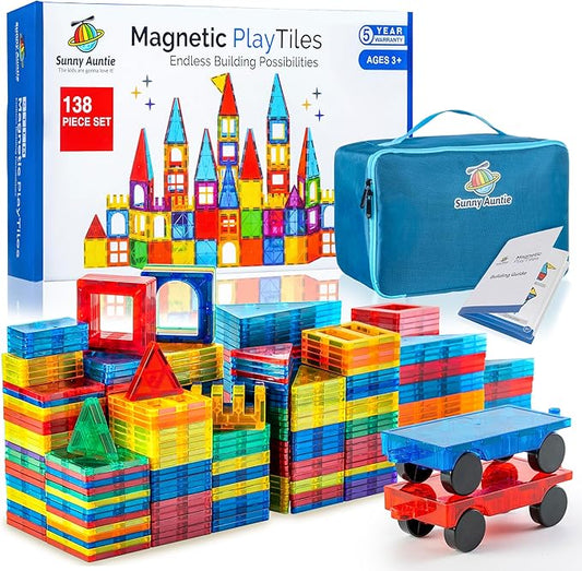 Magnetic Tiles 138 PCS+ Bonus Zippered CASE, Magnetic Tiles for Kids Toy for 3 4 5 6 7 8 Year Old Boys & Girls, Great Gift for Kids Aged 3-8, XL Set