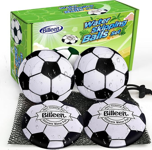 4Pcs Water Skipping Balls for Pool Play(Soccer Theme), Water Pool Beach Swim Toys for Kids Ages 4-8, 8-12 and Adults, Include 2 Balls and 2 Discs