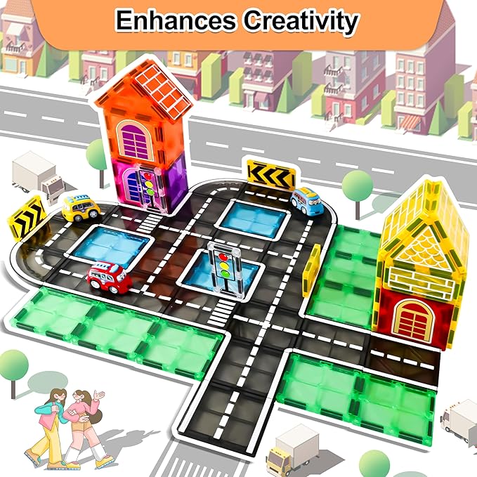 42pcs Magnetic Tiles Road, Magnetic Building Blocks City Construction Toys for 3+Year Old Boys & Girls, Montessori Toys for Toddler, STEM Learning Gifts