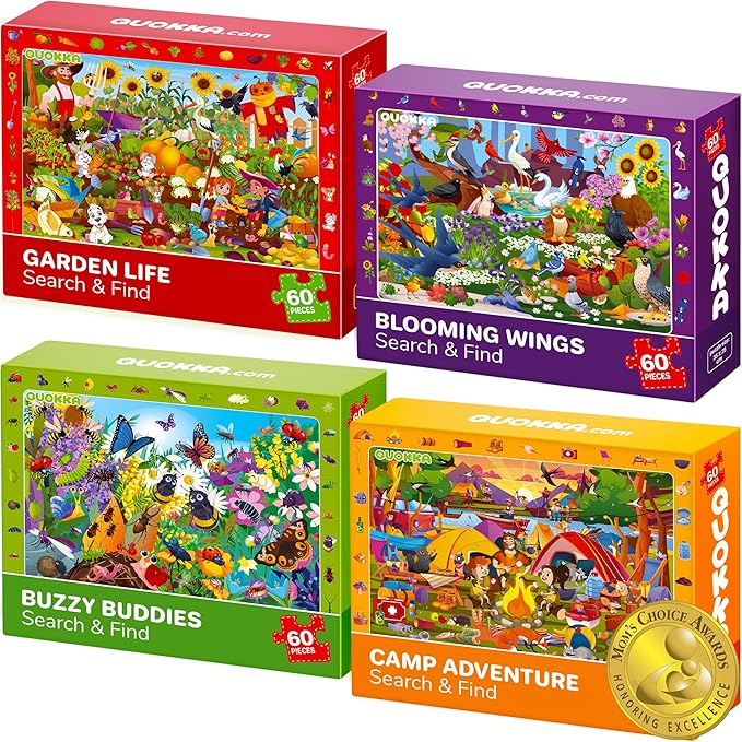 QUOKKA Puzzles for Kids Ages 6-8 - Toddler Puzzles Ages 4-6 - 4-Pack 60 Piece Search and Find Animals and Bugs Jigsaw Puzzle 5-8 - Learning Toys for 3 Year Old Boys and Girls - Educational Games Gift