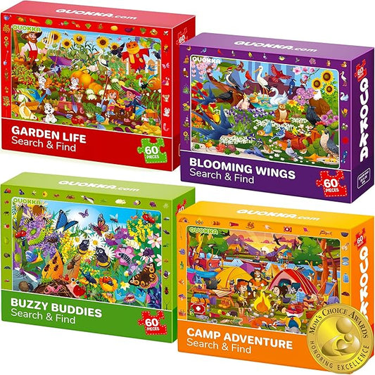 QUOKKA Puzzles for Kids Ages 6-8 - Toddler Puzzles Ages 4-6 - 4-Pack 60 Piece Search and Find Animals and Bugs Jigsaw Puzzle 5-8 - Learning Toys for 3 Year Old Boys and Girls - Educational Games Gift