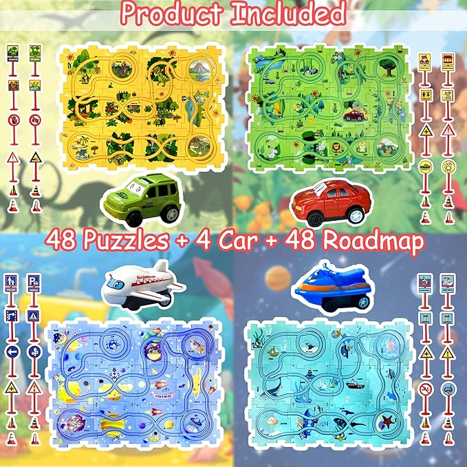 Puzzle Racer Kids Car Track Set Puzzle Racer Car Track Set with Roadmap Puzzle Track Car Play Set Toy for Kids 3-8 Years Old(100Pcs, 4 Stytle)