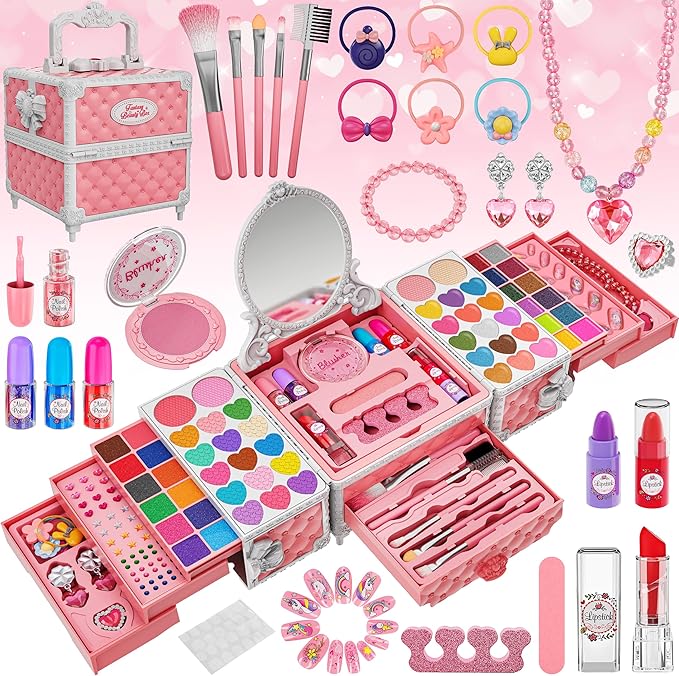 99 Pcs Kids Makeup Kit for Girls, Princess Toys Real Washable Cosmetics Set with Mirror, Hair Ties, Nails, Rings, Earrings, Necklace, Perfect for 3 4 5 6 7 8 Year Old Girls Birthday