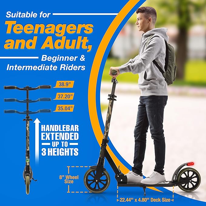 SereneLife Kick Scooter Adult Teenagers Kids- 2 Wheel Kids Scooter with Adjustable T-Bar Handlebar - Alloy Anti-Slip Deck - Portable Folding Scooters for Kids with Carrying Strap