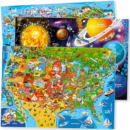 QUOKKA Puzzles for Adults 1000 Pieces - 3 Set Floor Puzzles for Kids Ages 8-10 - Learning Map of The United States World Space - Educational Games for Kids 6-8 - Toys for 12 Year Old Boys and Girls