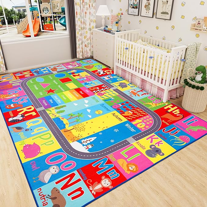 HOMORE Kids Educational Rug, 9x12 Kids Collection Area Rug for Learning Alphabet, Numbers, Colors, Season and Animal Words, Playmat for Classroom Playroom