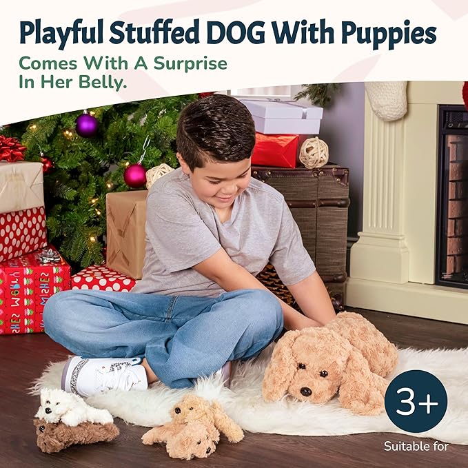 PixieCrush Adopt Me Dog Stuffed Animals for Girls Ages 3 to 8- Mommy Labradoodle with Four Puppies- Magical Dog Pillow Plushie - Enchanting Toy Dogs Surprise for Imaginative Play