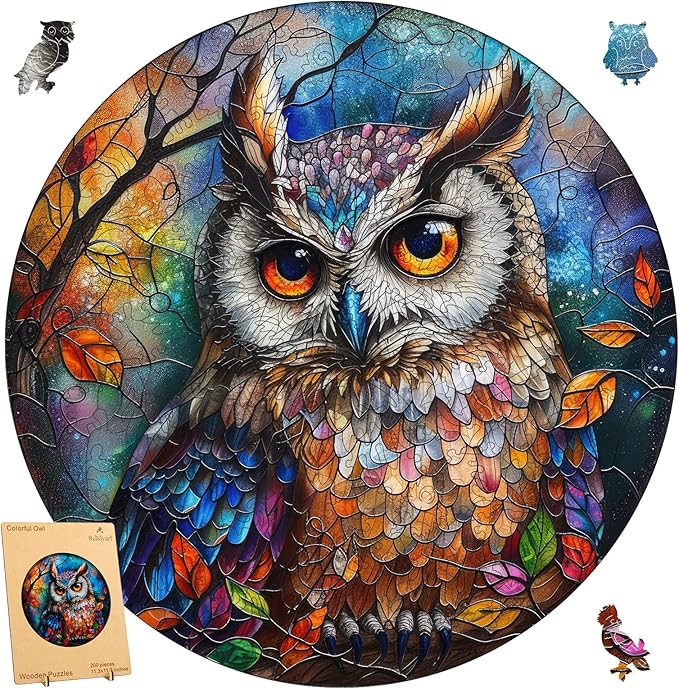 Stained Glass Owl 200 Pieces Wooden Jigsaw Puzzles for Adults with Unique Irregular Shape Fun Challenging Bird Puzzles for Kids and Couples on Birthday,Children’s Day,Christmas 11.3"x11.3"