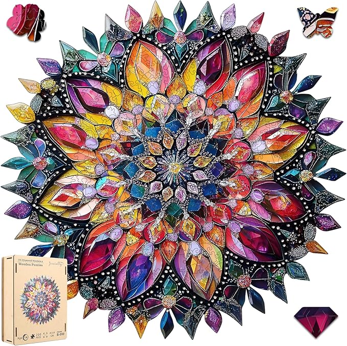 Wooden Jigsaw Puzzles - Diamond Mandala Wooden Puzzles for Adults, 500 Pcs King Size 16.7'' x 16.7'', Luxurious Shaped Wood Puzzle, Beautiful Package, Best Gift for Adults and Kids, Family Game