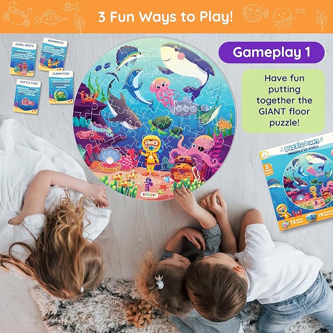 Jumbo 70 Piece Round Floor Puzzles for Kids Ages 3-5, 6-8, Large Jigsaw Puzzle with Educational Flash Cards and 3D Figures | Educational Gift (Underwater World)